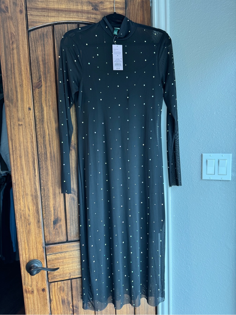wild fable Black Long-Sleeve Mesh Midi Dress with Rhinestone Dots